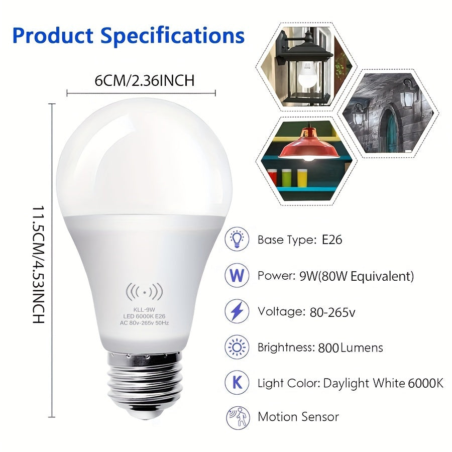 2/5 PK Kasotile 9W A19 Motion Sensor Light Bulbs with automatic dusk to dawn activation, available in Daylight (3000K) and Warm White (6000K) E26.