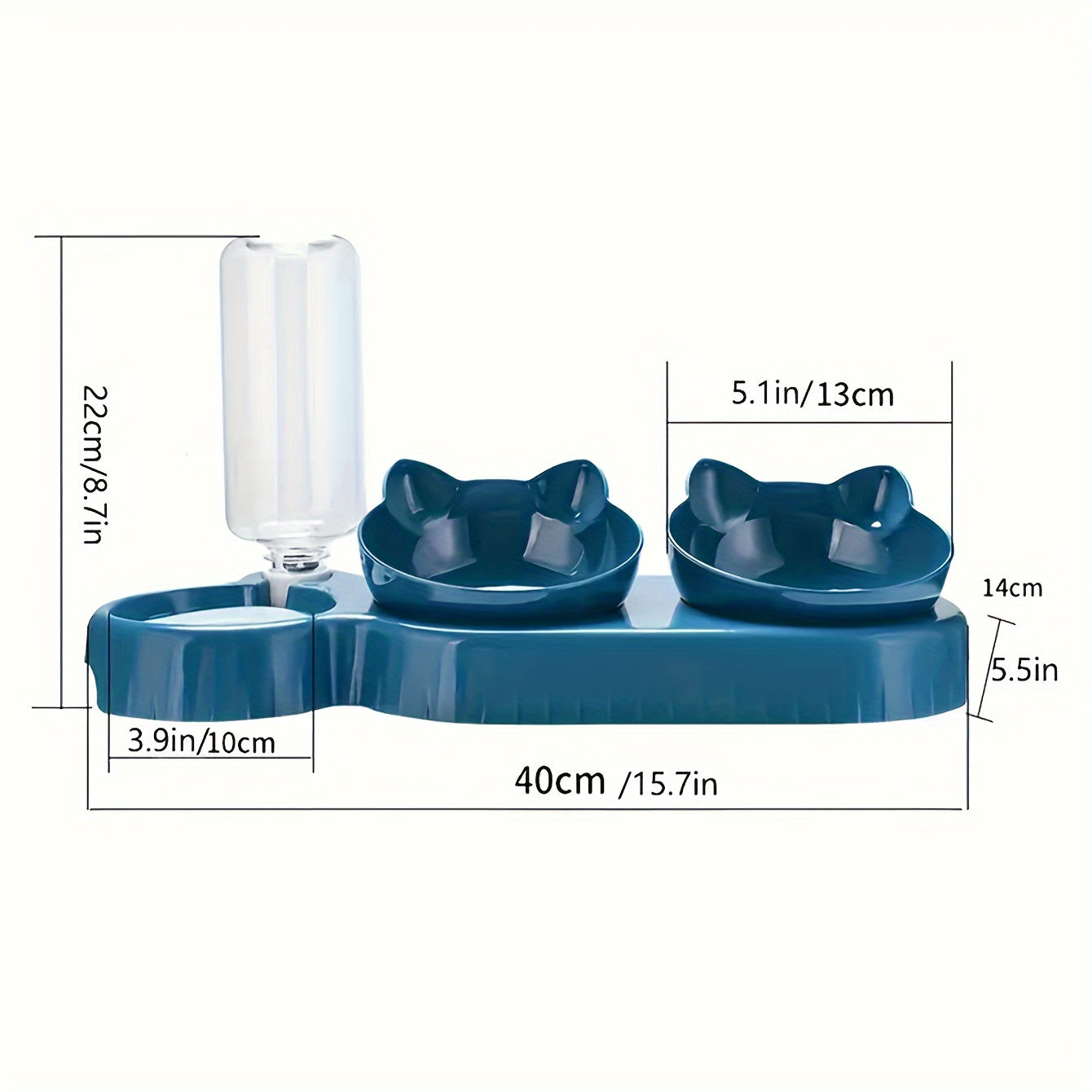 Tilted double pet bowl set with automatic water feeder and gravity water bottle for neck protection.