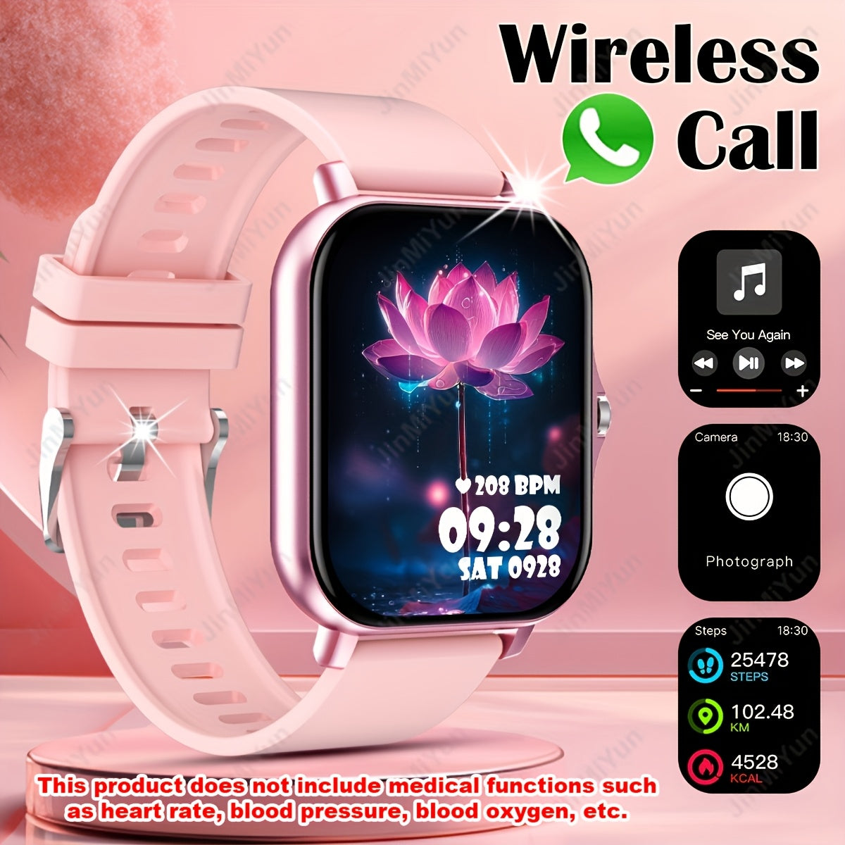 4.65cm Full Touch Screen Smartwatch in Pink for Men & Women - Features Wireless 5.0, Multi-Sport Modes, Wireless Calling, Music Control, Weather Forecast, & Monitoring. Compatible with