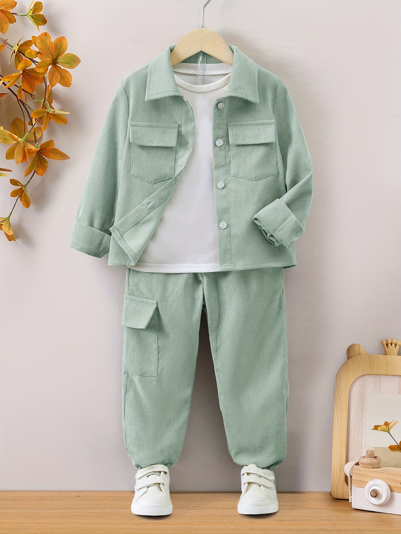 Boys' casual corduroy co-ord set with long sleeve button-up shirt, pocket, and jogger pants for comfortable daily and outdoor wear in spring and fall.