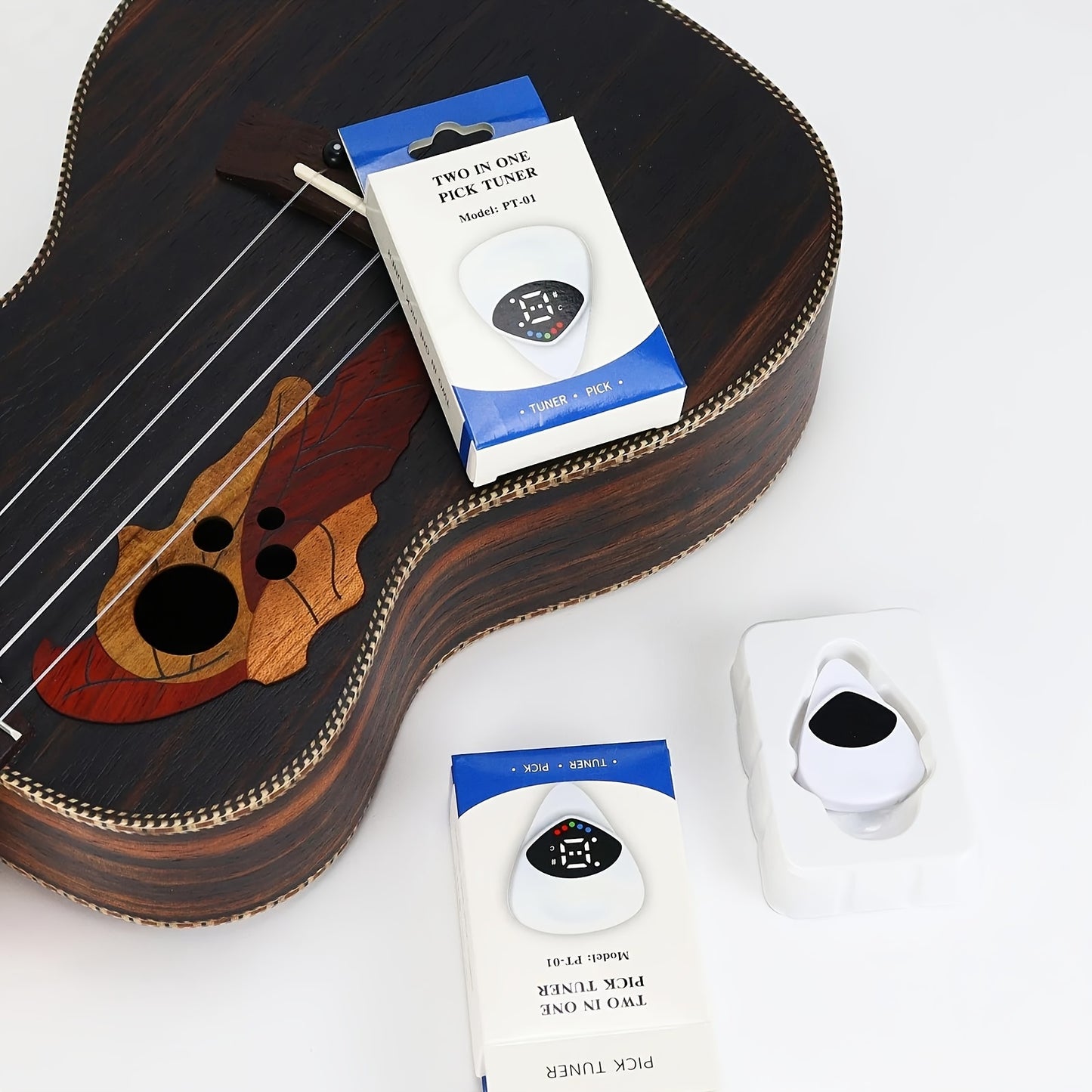 QiJiStar 2-in-1 Guitar Pick & Tuner - Portable pitch calibrator for folk guitars and ukuleles, 12-tone equal temperament, white ABS resin, battery powered