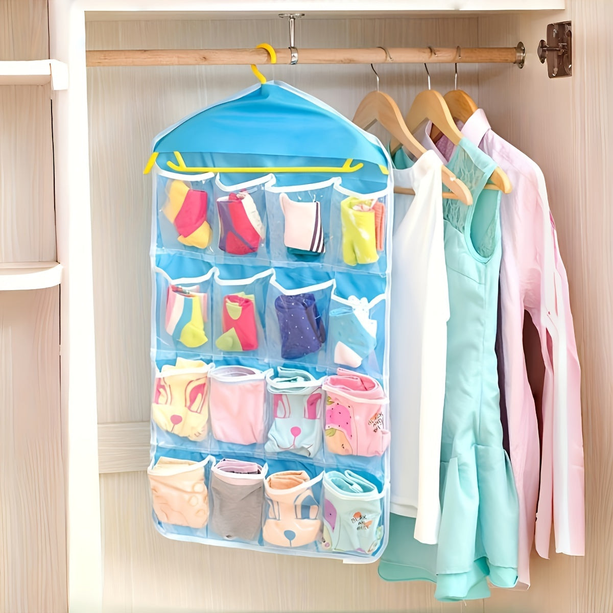 Vibrant 16-pocket hanging organizer for socks, underwear, and small items made of durable polyester with mesh pockets, perfect for bedroom or living room.