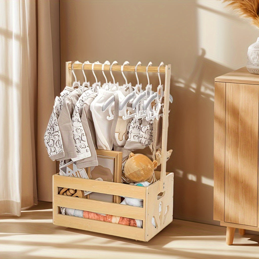 Yellow wooden organizer with hanging rack for toys and clothes storage in nursery, bedroom, or playroom.