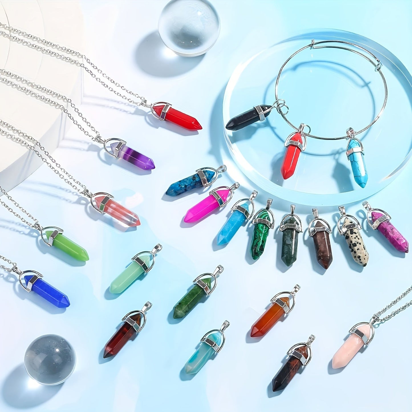 Set of 20 crystal healing point chakra pendants for Christmas fashion jewelry with black leather necklaces and storage bag. Each pendant is a synthetic stone hexagonal quartz bullet pendant, perfect for DIY necklace making.