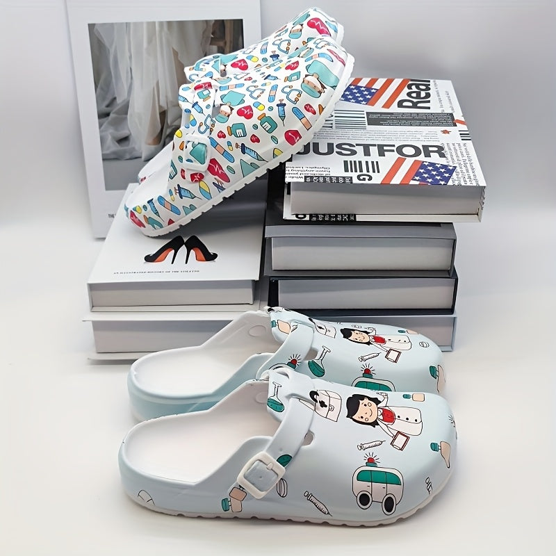 Cartoon nurse print slippers: quick-dry, comfortable indoor shoes for women.