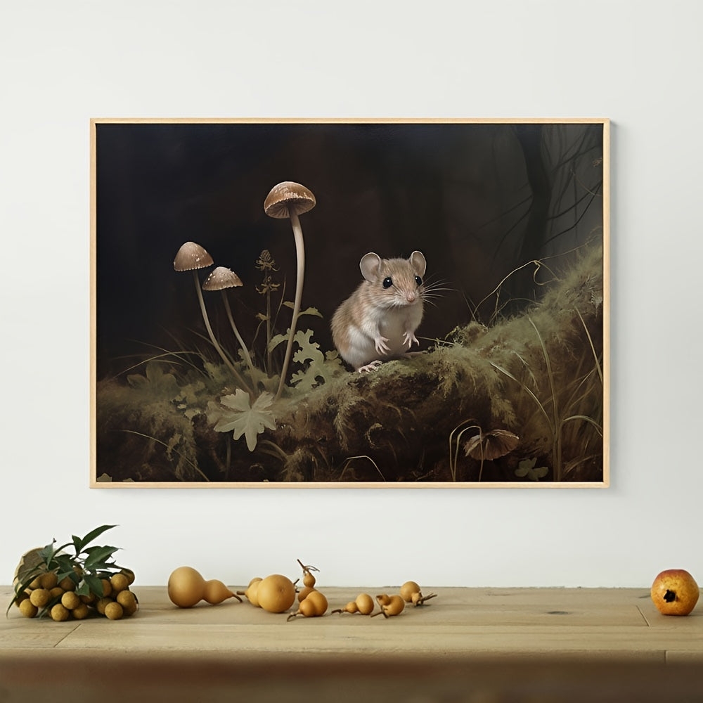 Canvas art featuring a charming mouse and mushrooms in a forest-inspired oil painting print. Ideal for enhancing the decor of a living room or bedroom. Unframed dimensions are 29.97x39.88 cm.