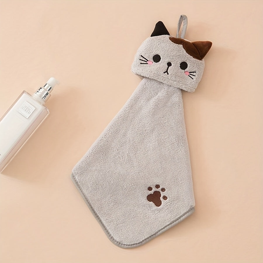 Soft coral fleece cat hand towel, ideal for bathroom or kitchen use, hand wash only, 44cm x 20cm dimensions.