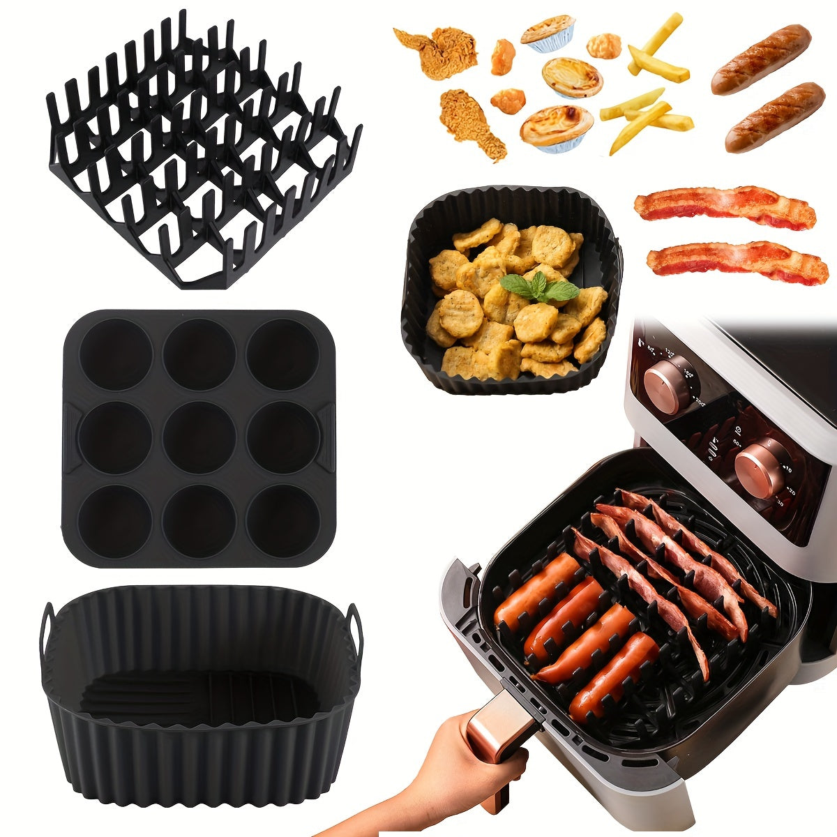 Premium Square Air Fryer Silicone Set includes a bacon & hot dog rack, 9-cavity cake mold, and air fryer pan. This BPA-free and dishwasher safe set is compatible with 7QT+ air fryers.