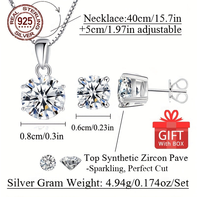 Stylish Jewelry Set for Women, made with 925 Sterling Silver, 4.94g/0.174oz, Featuring Sparkling White Ice Round Synthetic Cubic Zirconia, Hypoallergenic. Ideal for Gifting on Christmas, New Year, Birthdays, Valentine's Day, Mother's Day. Comes in a Gift