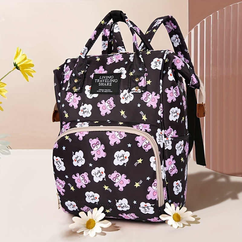 1 Oxford material diaper bag with adjustable shoulder straps, waterproof and stain-resistant, zip closure, polyester lining, cartoon and letter print design for outings.