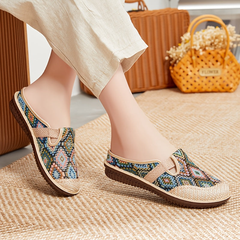 Casual summer slides for women with breathable fabric upper, round toe, strappy back, flat heel, and PU sole, originating from Taizhou and made for North America and Europe.