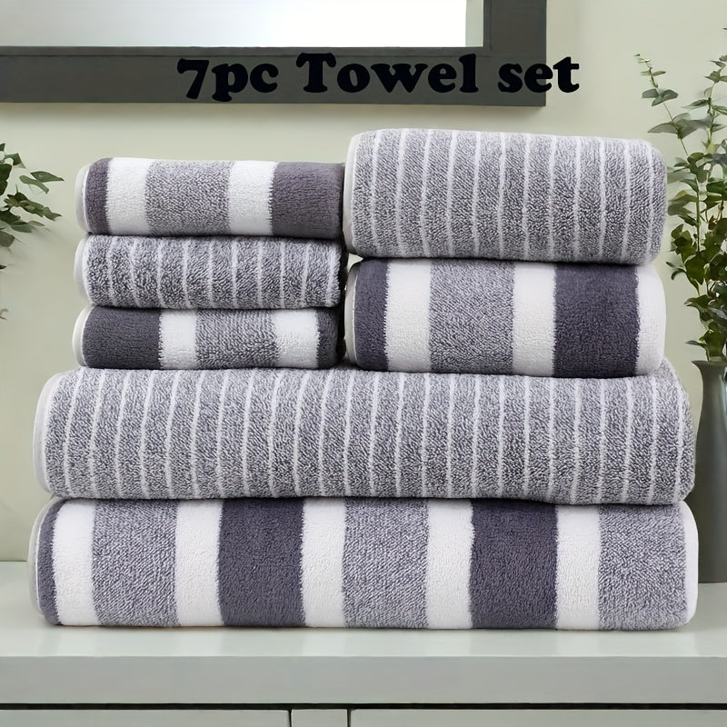 Best-selling 7pcs Striped Bath Towel Set with quick-drying, absorbent towels suitable for various uses, including hotels, sports, travel, and yoga. Ideal bathroom supplies.