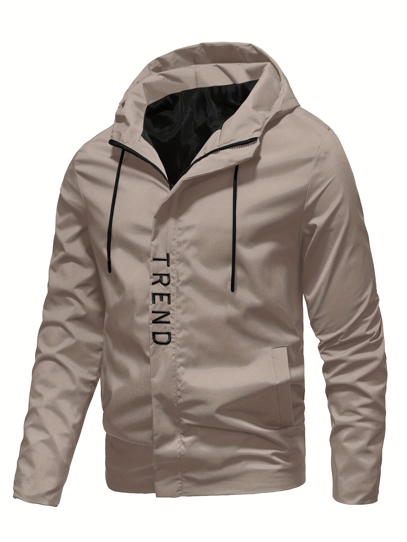 Men's all-season sports jacket with hooded zip-up design, made of 100% polyester fabric. Features embroidered details, regular long sleeves, and a lightweight 133g/m² woven fabric.