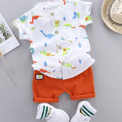 Set of 2 toddler boys' outfits featuring dinosaur print button shirt and elastic waist shorts for daily and outdoor wear.