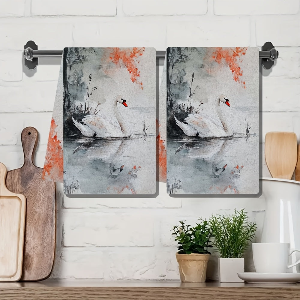 Set of 2 Ultra Soft Kitchen Towels featuring the Graceful Beauty of a Swan, Highly Absorbent Dish Hand Towels perfect for Holiday Decor, Machine Washable, Size 16x24 Inch - Model Number 2KYSYS1218563