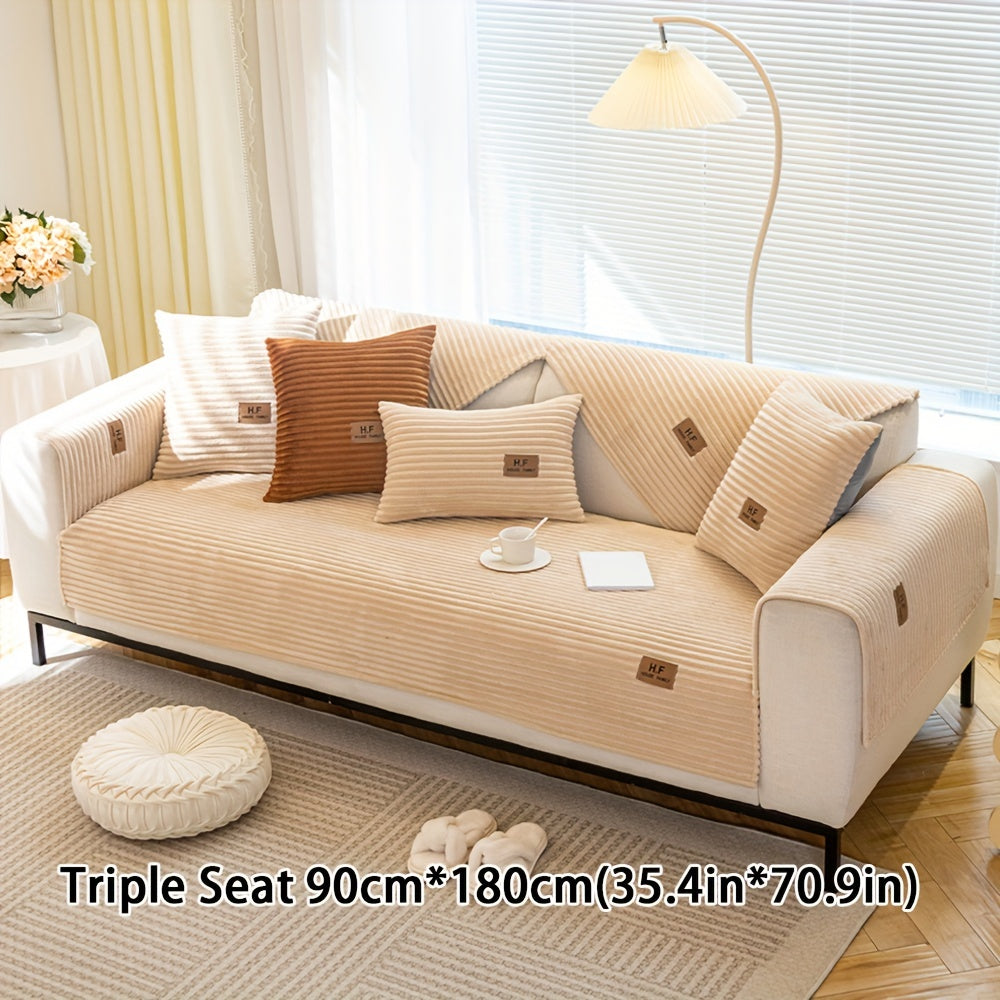 Thickened plush sofa cover with modern style to protect against dirt, slips, scratches and pets in home or office.