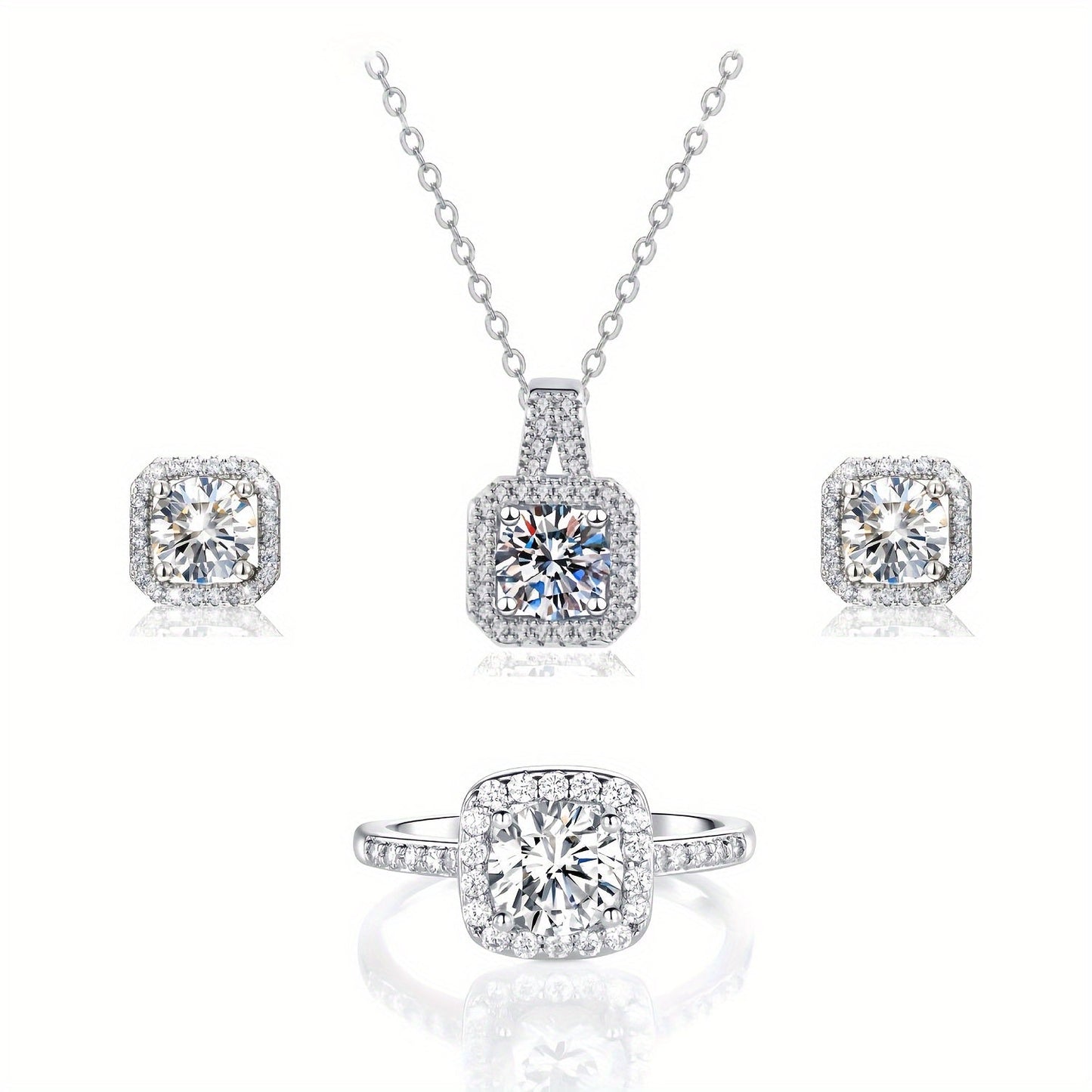 A stunning three-piece set featuring a necklace, earrings, and ring adorned with brilliant moissanite diamonds. Perfect for a girl's evening dress ensemble, this set makes an exquisite gift.