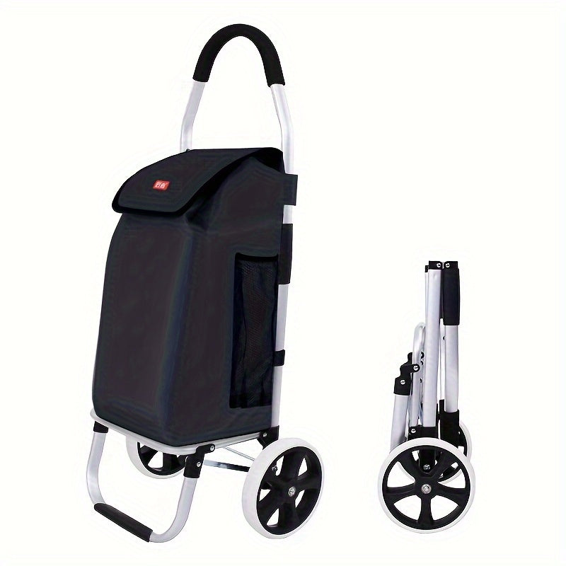 Portable folding shopping cart made of aluminum and plastic with detachable storage box. Ideal for grocery shopping, moving, or camping. No electricity required. Features sturdy