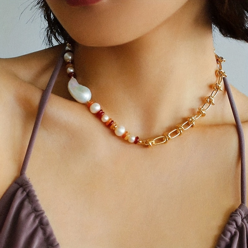 Casual yet stylish handcrafted beaded necklace featuring freshwater pearls and a colorful twist chain - ideal for both everyday wear and gifting.