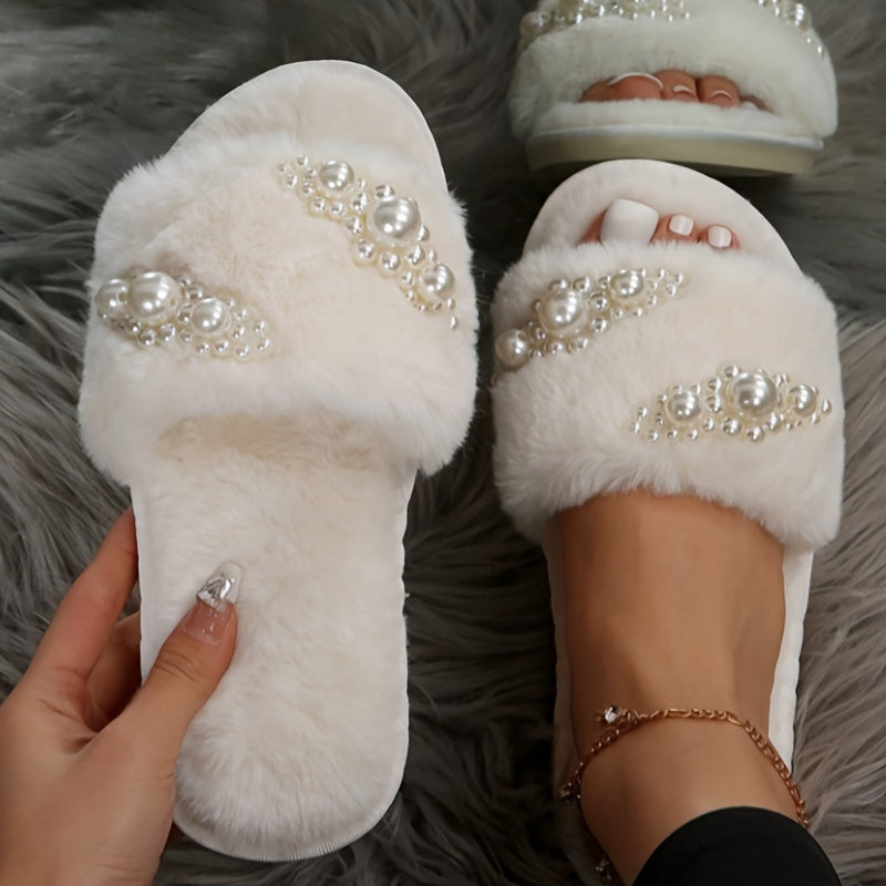 Cozy faux pearl home slippers with non-slip sole for winter