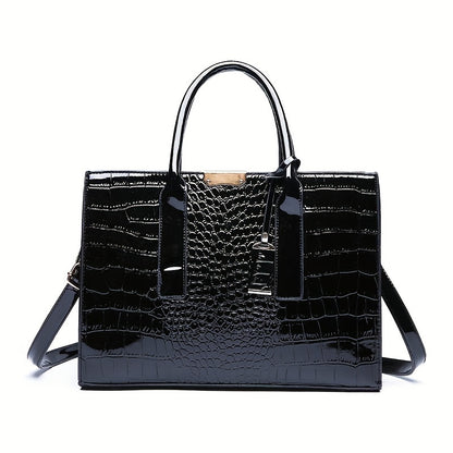 Trendy crocodile-embossed PU tote bag for women. Large capacity with glossy finish, zip closure, black polyester lining. Ideal for travel or gifting. Fashionable accessory with polyester