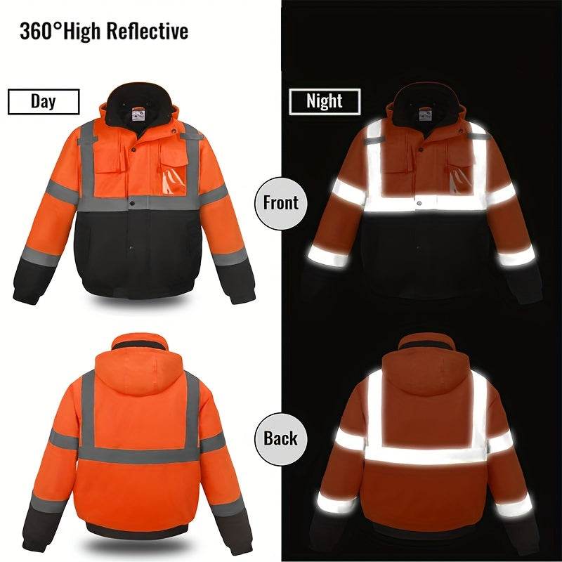 High visibility reflective safety jackets with pockets for men and women, waterproof and suitable for cold weather construction work. Work coats by DP Safety.