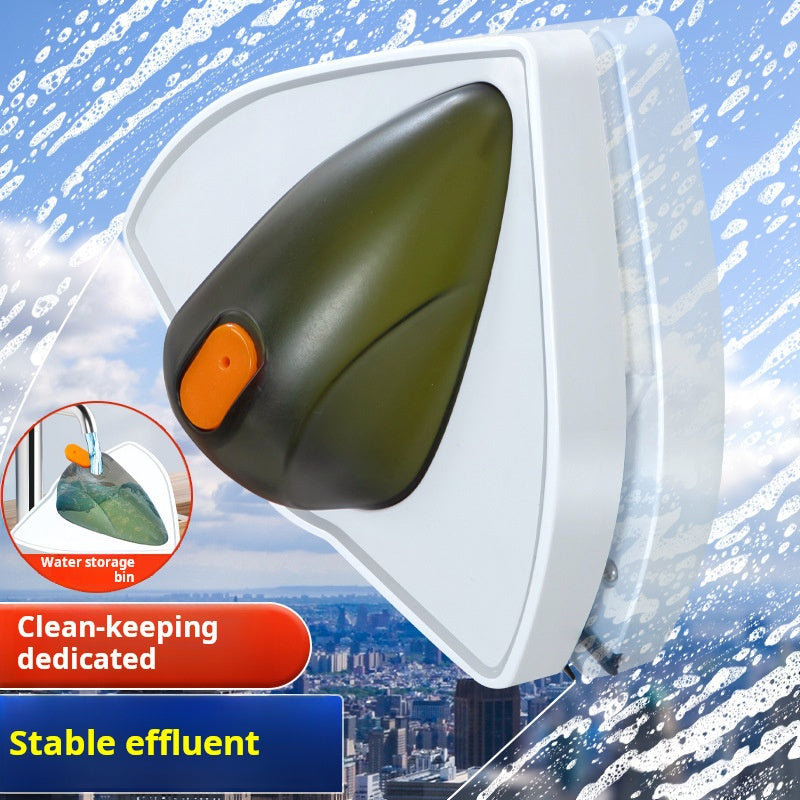 Magnetic window cleaner with water storage, plastic squeegee, and dust collection for glass surfaces in various rooms and vehicles, including high-rise buildings.