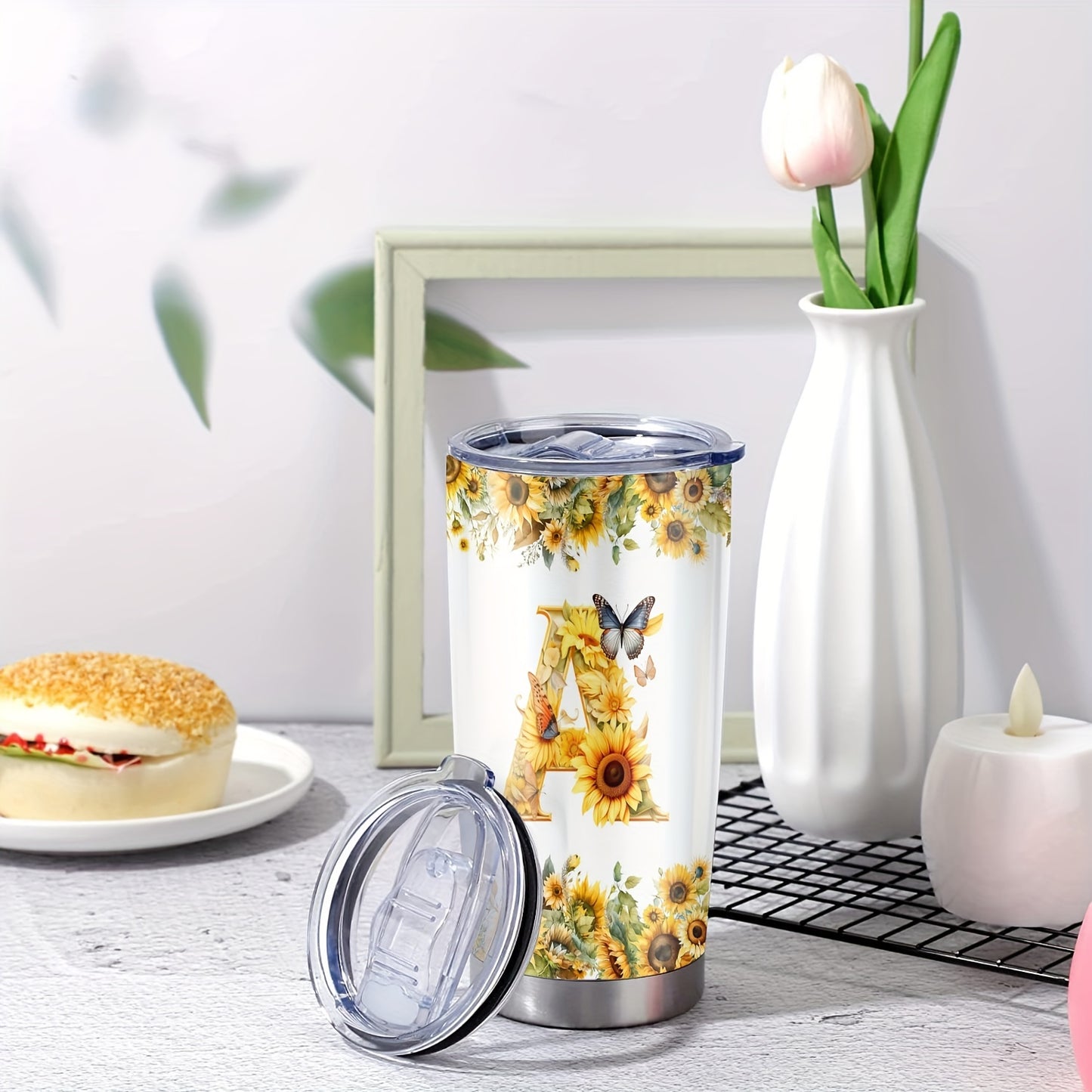 20oz Floral Initials Travel Mug - Double-Walled Tumbler for Women - Ideal Gift for Various Occasions.