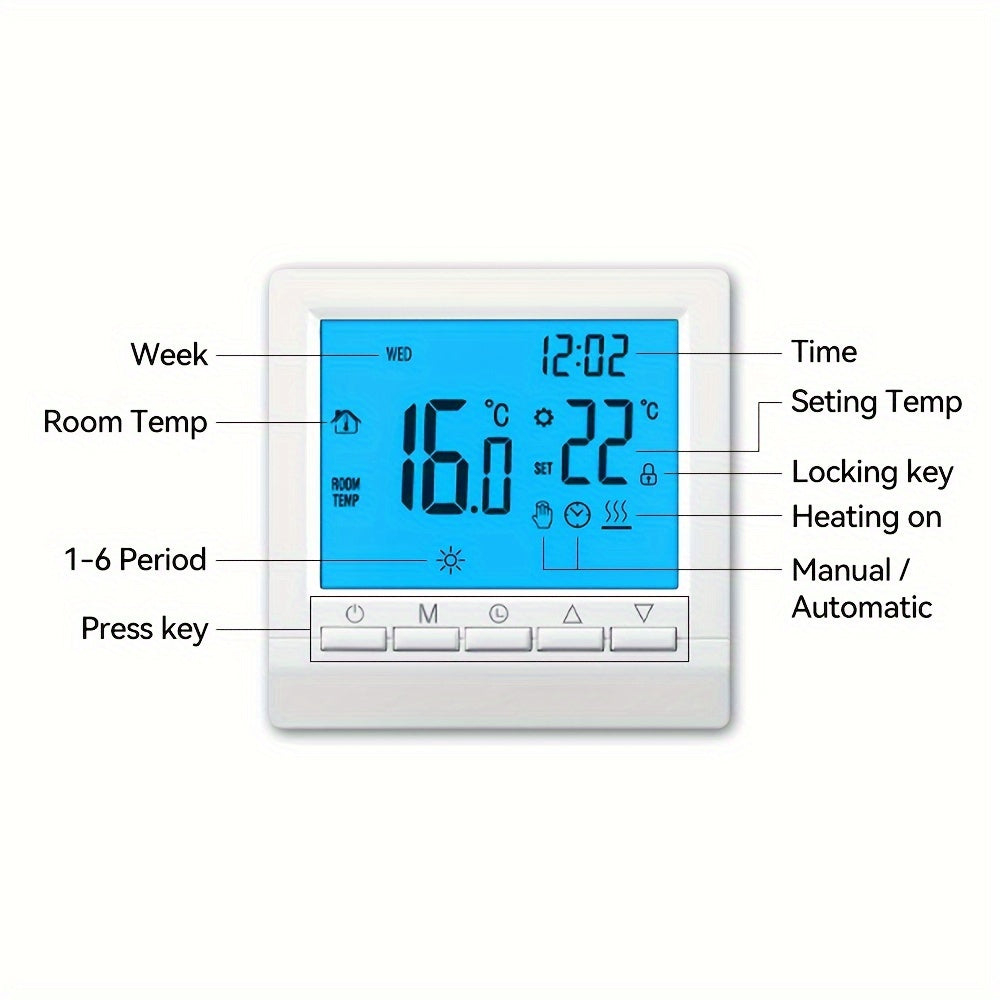 1-piece hand-controlled gas boiler thermostat with AA battery lock and smart temperature controller.