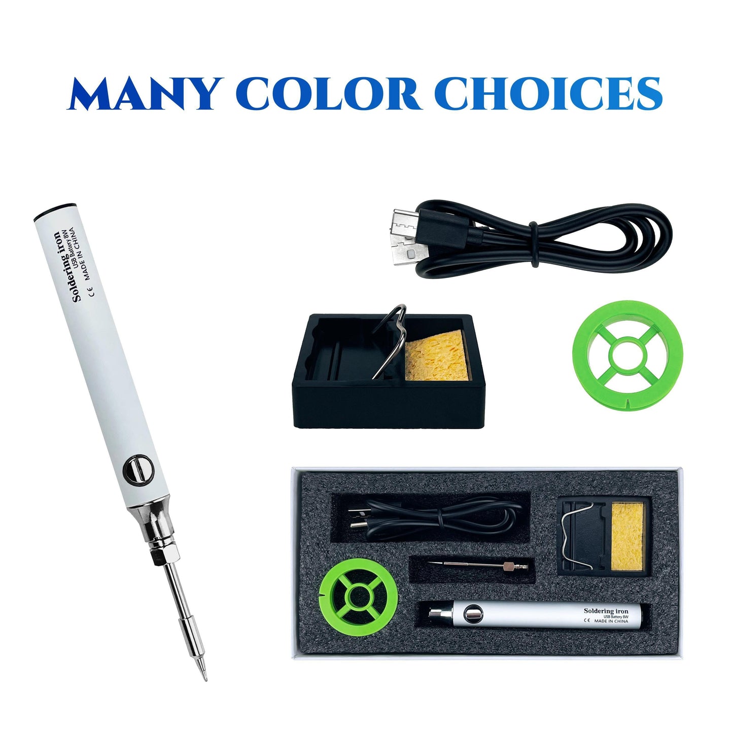 USB rechargeable soldering iron set with high heating rate and easy operation, suitable for DIY repairs at home or outdoors with nichrome heating element.