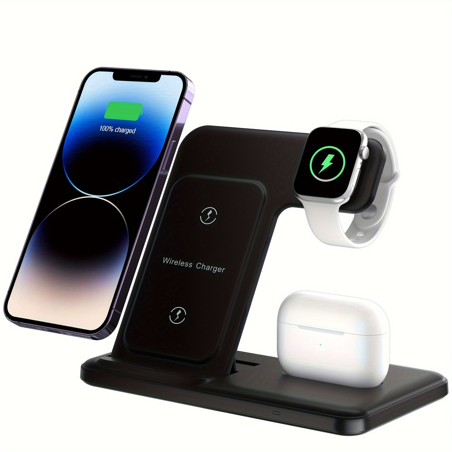 1pc LONET 3 in 1 Fast Charging Station for iPhone, iWatch, and AirPods with horizontal and vertical charging options.