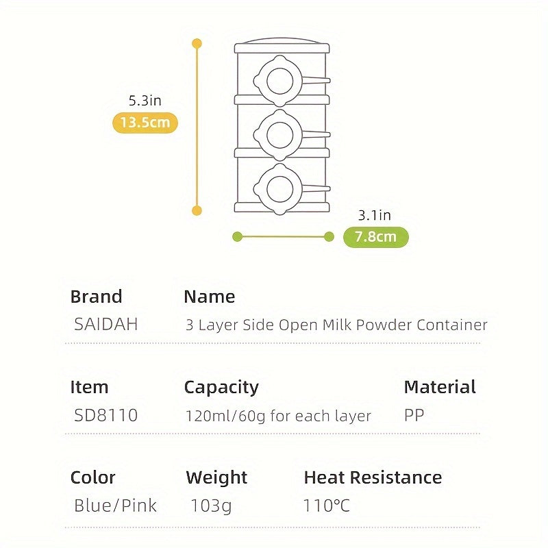 Milk Powder Dispenser with Side Open, 3 Layers, BPA Free - 360ml Capacity - Also Functions as Snack Container and Food Storage Box