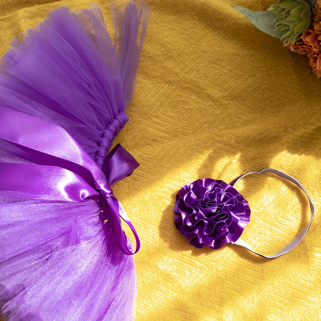 Baby Tutu Set in Purple – Includes Tutu Skirt and Headband made of Polyamide Tulle for ages 0-3, complete with coordinating Flower Headpiece. Perfect for Baby Photo Shoots, Ballet Performances, or as a Birthday and Special Occasion Costume.