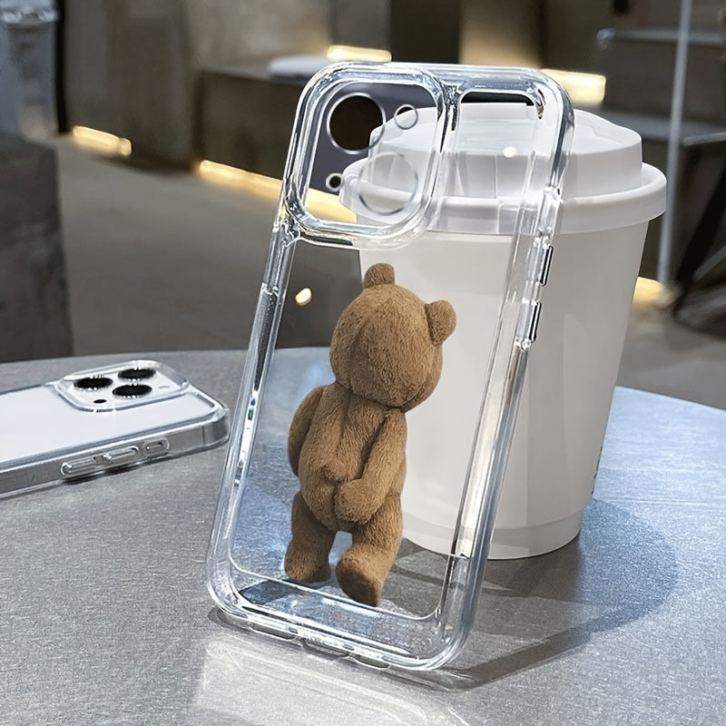 Transparent TPU phone case featuring a cartoon teddy bear design, compatible with various iPhone models.