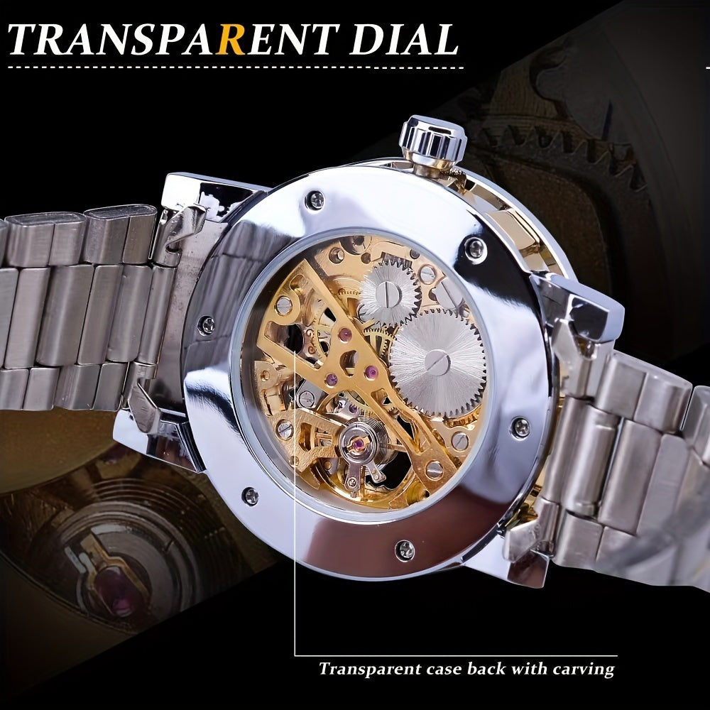 Men's Mechanical Watch with Skeleton Design, Rhinestone Accents & Stainless Steel Band.