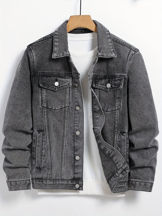 Plus size men's casual denim jacket in solid color made from a cotton blend with lapel collar, utility pockets, and regular fit.