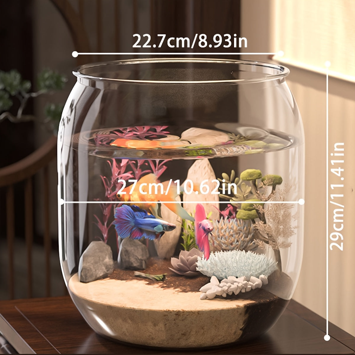 High-end clear acrylic fish tank designed for goldfish and turtles, shatterproof with large capacity and integrated desktop micro landscape feature.