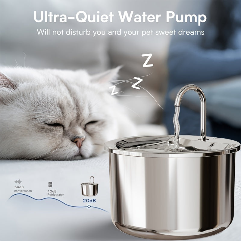 Stainless steel pet water fountain with USB power, quiet automatic dispenser for cats and dogs, splash-proof basin for increased water intake, no batteries needed.