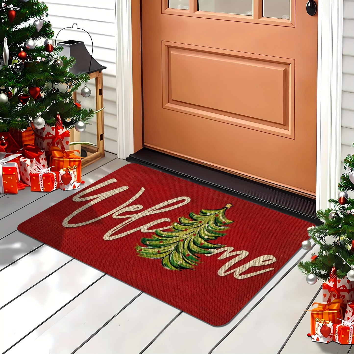 Get into the holiday spirit with our Christmas-themed doormat! Made from red polyester knit fabric, this machine-washable mat is non-slip, stain-resistant, and features medium pile with floral and striped patterns. It is quick-drying, waterproof