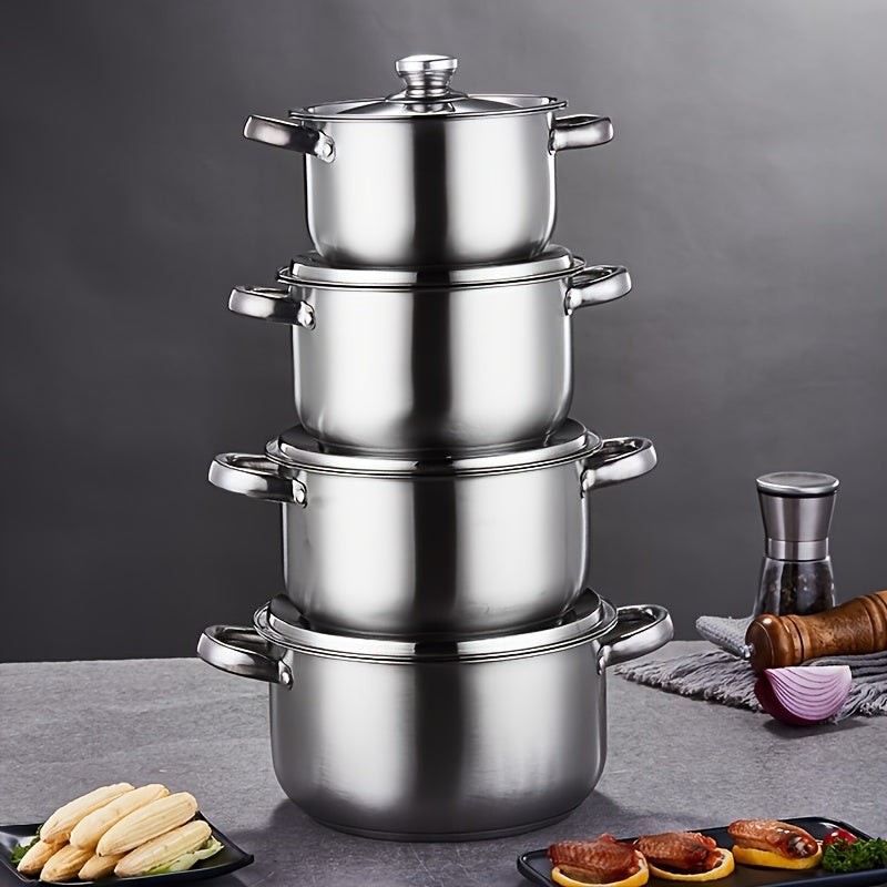 Set of 8 stainless steel pots, including 4 pots and 4 lids. These high-quality pots have a bright surface and are suitable for a variety of uses in the kitchen, restaurant, or for Ramadan supplies. Ideal for soups, noodles, seafood, and more. Stove not