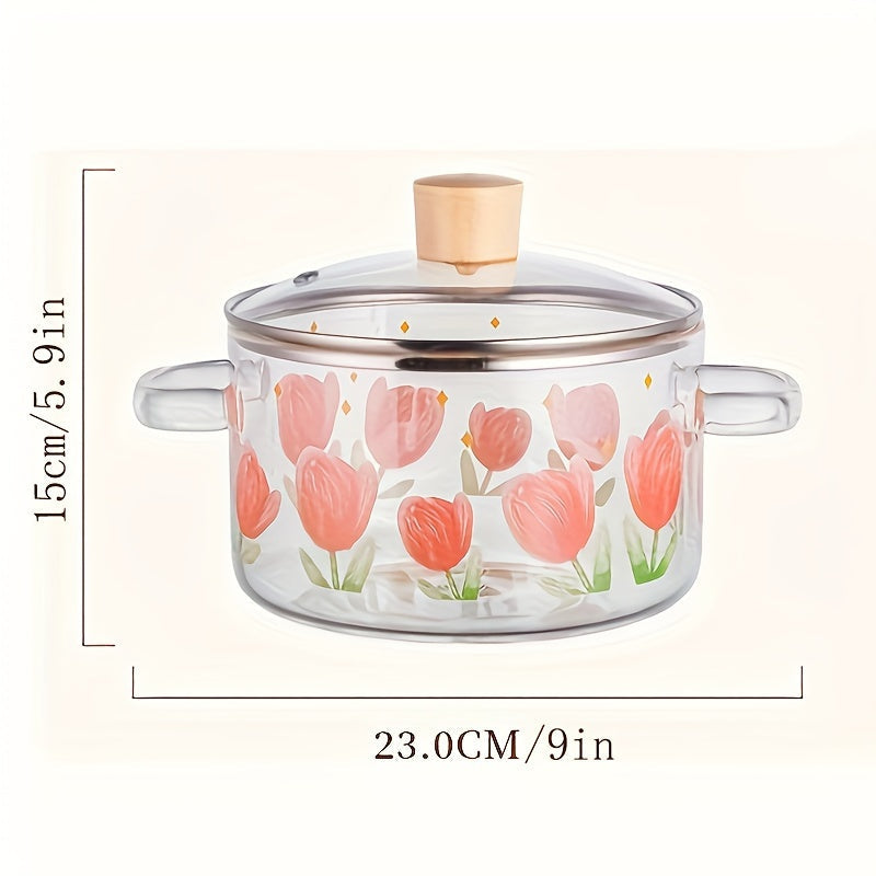 Soup pot printed with tulips made from borosilicate glass, measuring 23.0cm/9in and suitable for use with induction cookers. Has a capacity of 1700ml/57oz.