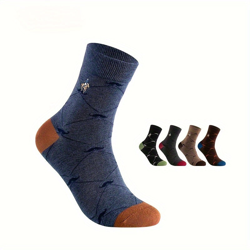 5 pairs of men's argyle pattern business socks made from a cotton blend (75.2% cotton, 21.8% polyester, 3% spandex) - embroidered, breathable, and comfortable for work and outdoor use -