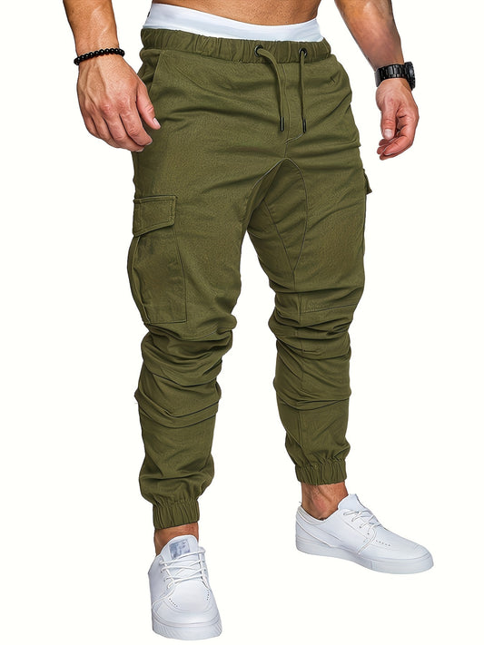 Men's casual cotton cargo pants with solid color, regular length, non-stretch fabric, drawstring waist, standard fit, and woven weave, suitable for all seasons.