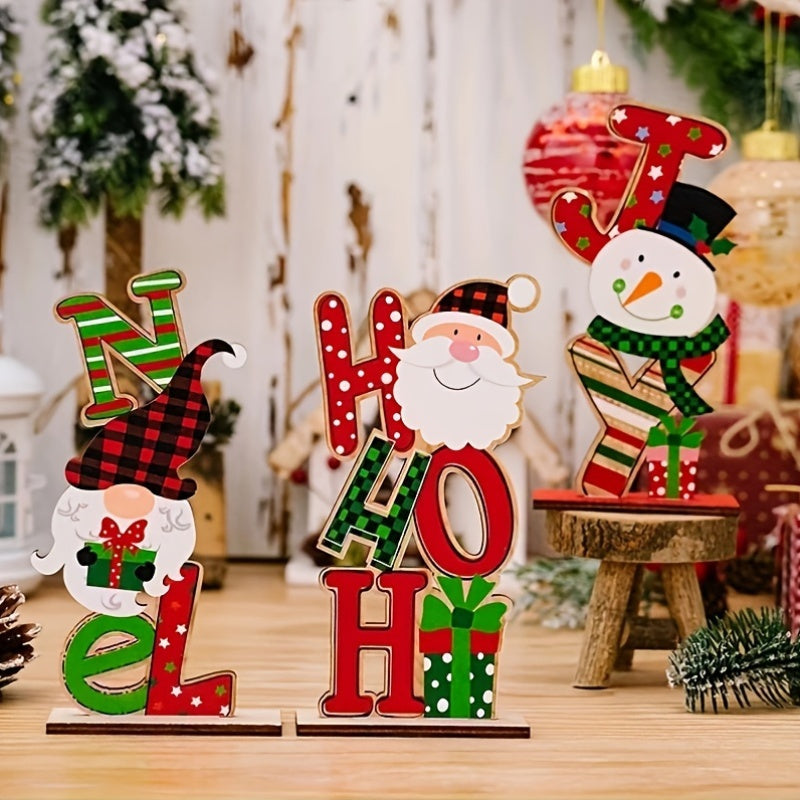 Wooden letter ornaments with Santa, snowman, and gnome designs for Christmas decoration in classic style. Made of manufactured wood, suitable for holiday decor, prom, or general use. Features an animal theme with various hanging shapes.