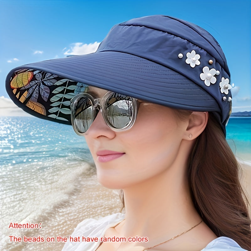 Korean-style women's sun hat with UV protection, foldable, breathable polyester visor for outdoor activities and beach.