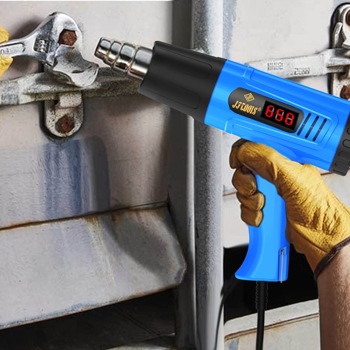 European 220V digital hot air gun with four air nozzles for thawing water pipes, heat shrink applications, and automotive films. Back cover temperature can be adjusted from 50 to 650