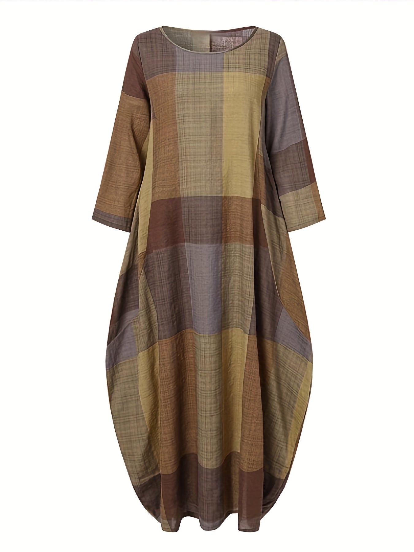 Women's Plus Size Casual Colorblock Grid Print Maxi Dress with Round Neck and Long Sleeves.