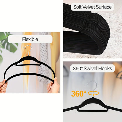 Upgrade your wardrobe organization with this set of 50 sleek black velvet hangers. These non-slip hangers feature 360° swivel hooks and a slim design, perfect for suits, coats, dresses, and more. Made from durable ABS plastic, these hangers are ideal for