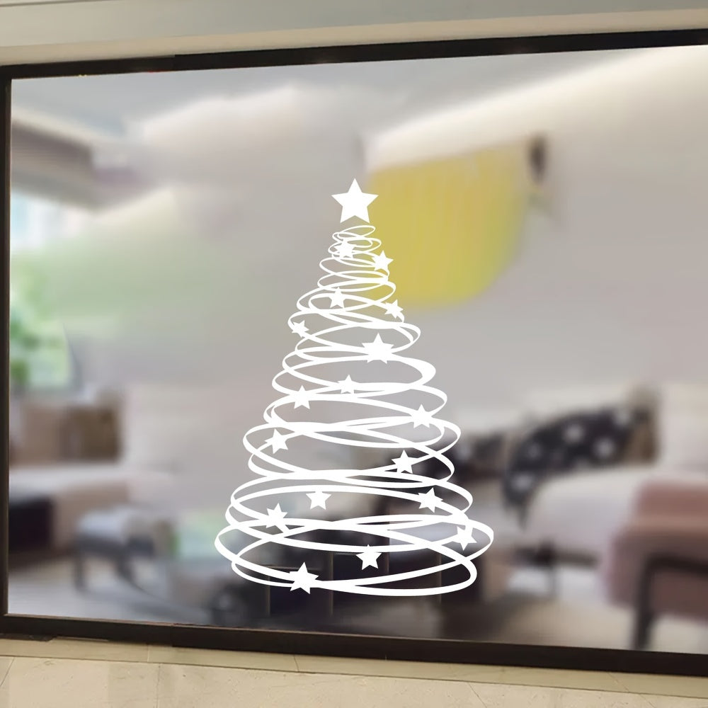 Glass sticker for Christmas tree design with a rustic cartoon look, made of 7mil PVC material with self-adhesive backing. This sticker is reusable and has a matte finish. It is rectangular in shape and perfect for decorating windows and doors in your