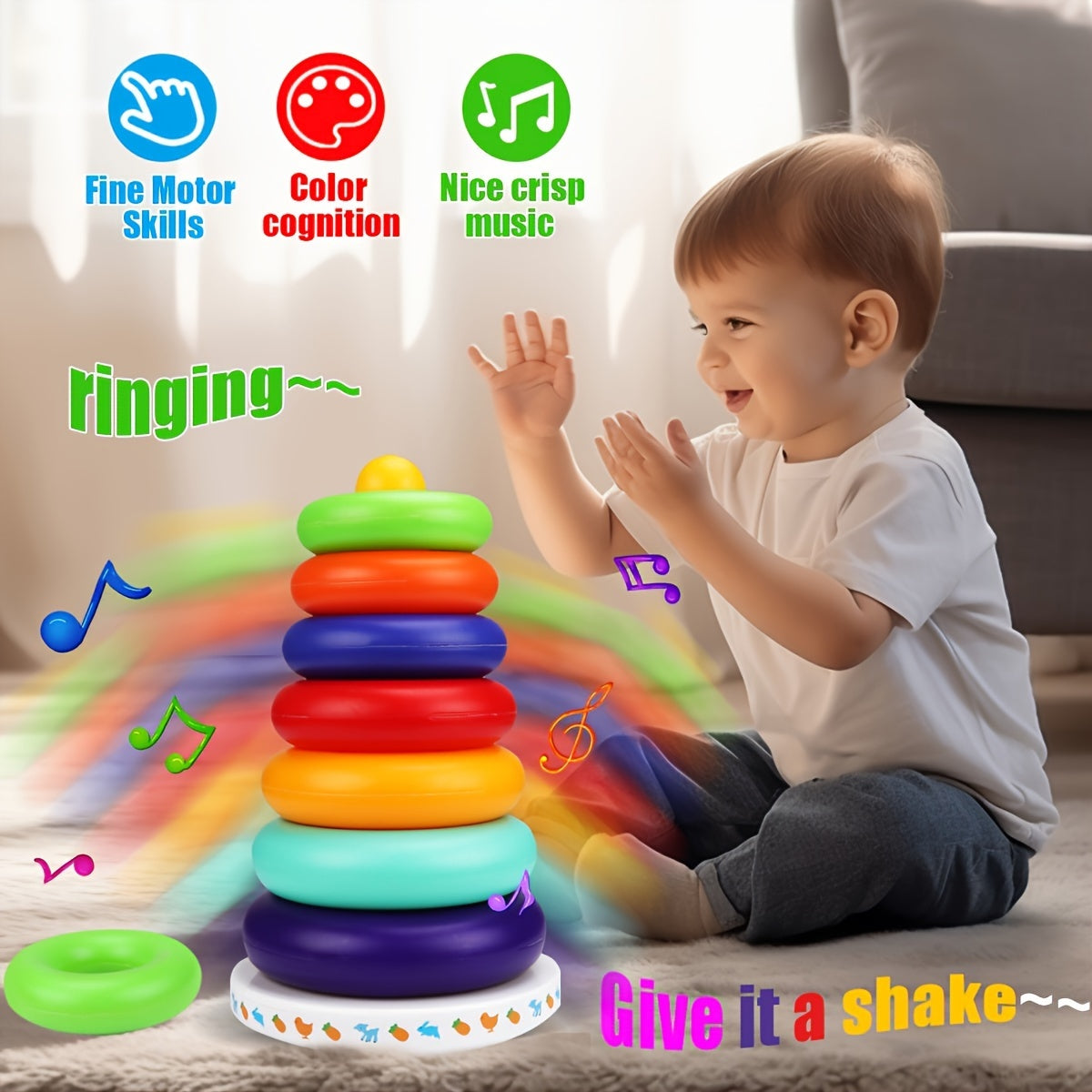 Toy Set: 6 Ring Rainbow Stacking Tower with Music and Colorful Blocks - Enhance Fine Motor Skills and Cognitive Development, Interactive Educational Toy for Preschoolers with Accessories, Perfect Holiday Gift.